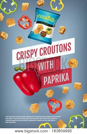 Crispy croutons ads. Vector realistic illustration of croutons with paprika. Vertical poster with product.