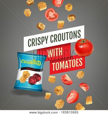 Crispy croutons ads. Vector realistic illustration of croutons with tomato. Poster with product.