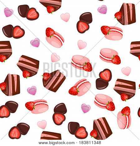 Very high quality original trendy vector seamless pattern with a strawberry in chocolate and macaroons