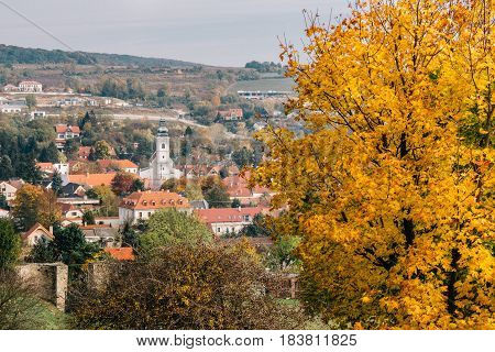 The village of Devin and the church of the Holy Cross as seen from the hills around Devin Castle.