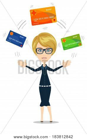 Business woman choosing which credit card to pay with.. Stock vector illustration for poster, greeting card, website, ad, business presentation, advertisement design.
