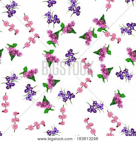 Very high quality original trendy vector seamless pattern with blooming lilac, plum and iris flower. Spring or summer design