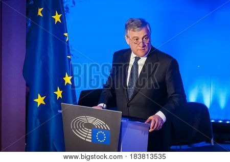 BRUSSELS, BELGIUM. January 25, 2017. Antonio Tajani, an Italian politician and President of the European Parliament since January 2017.