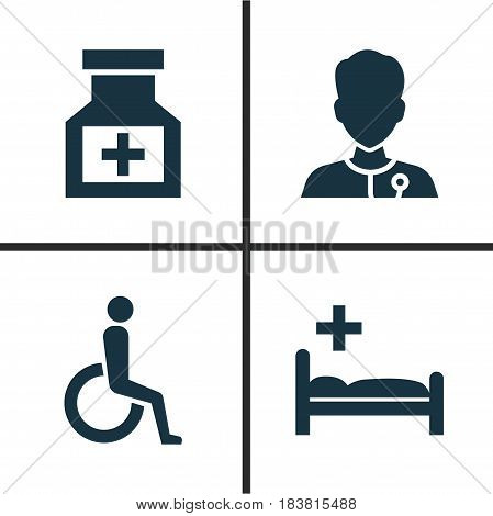Drug Icons Set. Collection Of Polyclinic, Handicapped, Drug Elements. Also Includes Symbols Such As Stethoscope, Heartbeat, Healthy.