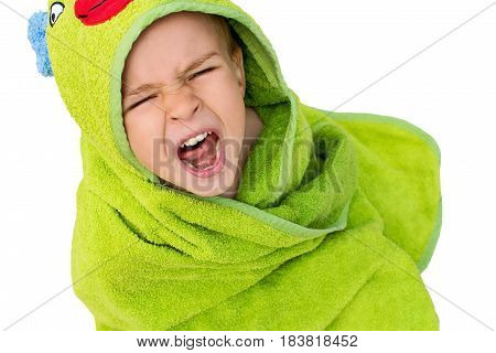 Cute little boy wearing green hooded towel. Isolated on white background.