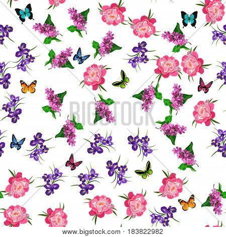 Very high quality original trendy vector seamless pattern with blooming lilac, peony and iris flower. Spring or summer design