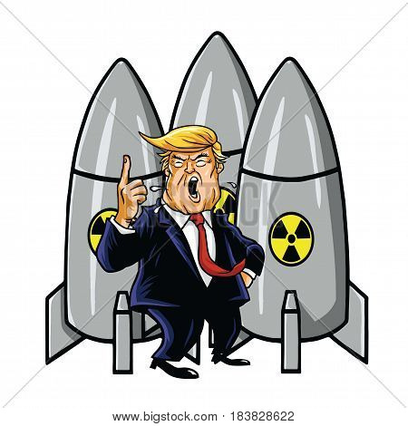 Donald Trump with Nuclear Weapons. Cartoon Vector Illustration. April 28, 2017