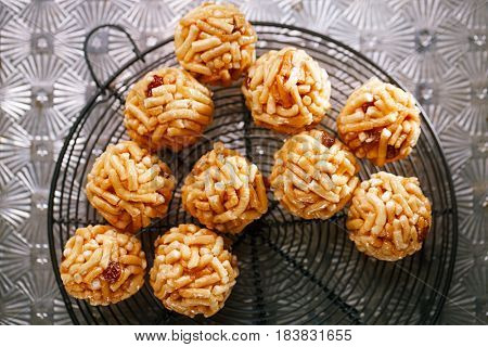 Chak-chak traditional asian sweet dessert - fried dough with honey