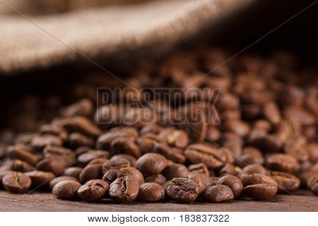 Coffee Beans Roasted On Wood Background, Macro