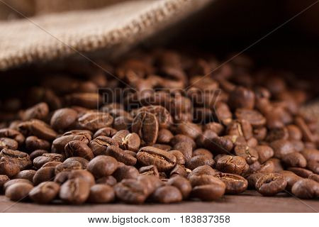 Coffee Beans Roasted On Wood Background, Macro
