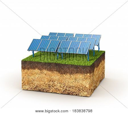 Energy concept. Cross section of ground with solar panels. 3d illustration