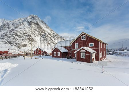 A Norway - March 18 2017: The Feskarbrygga Rorbuer hotel in the fishing village A of Lofotens in winter
