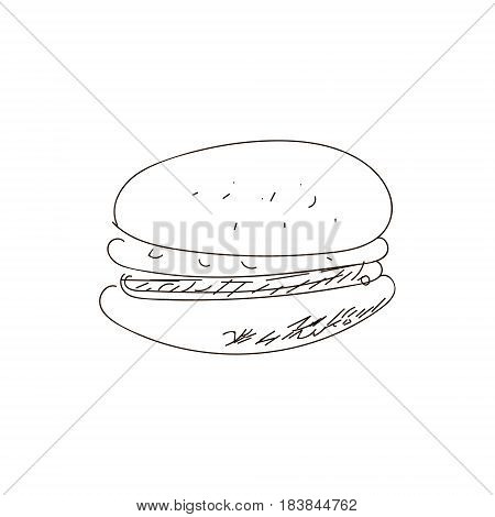 Hand drawn burger. VECTOR outline drawing. Fast food products.
