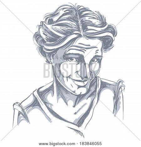 Hand-drawn vector illustration of naive blameworthy woman. Monochrome image expressions on face of young lady. I am sorry theme.