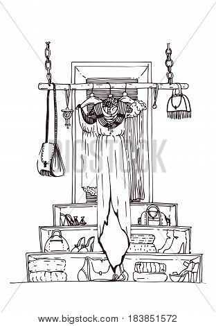 Vector vertical illustration with hand drawn long dress on hangers in creative graphic interior. Black and white fashion drawing made with black ink isolated on white. Lots of accessories on back.