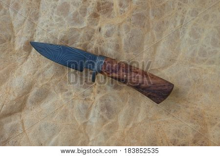 Any knife collector or hunter would be delighted with this fine hand made Damascus knife. It is displayed here on the back side of a tanned deer hide.