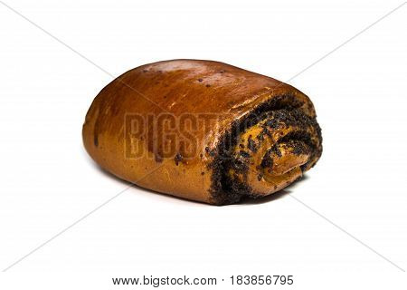 Rolled baked bun with a poppy isolated on white background