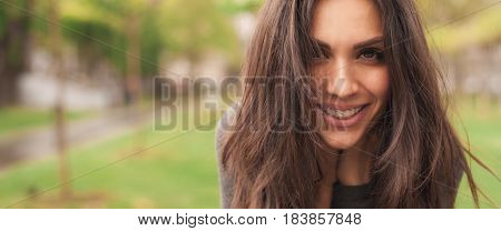 Happy Cheerful Smiling Woman Enjoys In The Nature. Panorama Widescreen