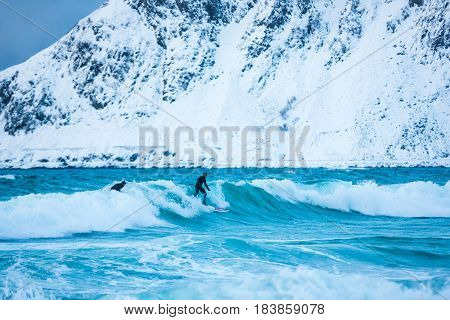Flakstad Norway - March 18 2017: Surfer are training on the Skagsanden beach of the Lofoten Islands