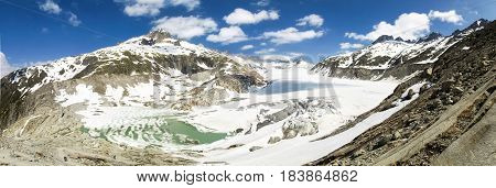 Switzerland: Canton Valais. Rhone glacier melting due to the melting of glaciers.