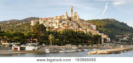 Cervo Italy - June 11 2015: Image taken in the light of the sunset of the historic village of Cervo