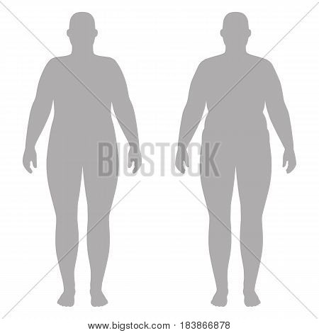 Full length front and back view of a fat standing naked woman outlined silhouette isolated on white background. Vector illustration. You can use this image for fashion design and etc.
