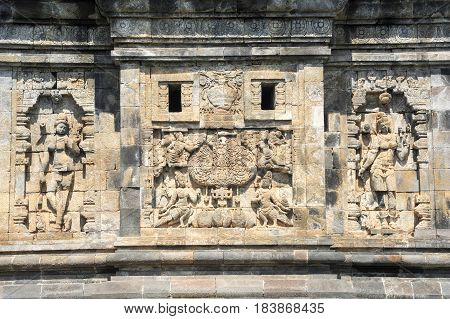 Mendut, Indonesia - 1 February 2013: Artwork of Mendut Buddhist temple located near Borobudur in Java, Indonesia.