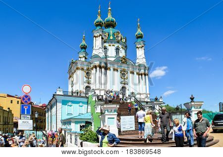 Kiev Ukraine - May 25 2013: View of St Andrew's Church on a hill called Andriyivskyy Descent