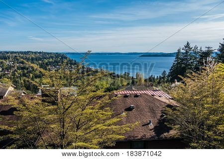 A view of the Puget Soud from a neighborhood of Burien Washington. It is Spring.