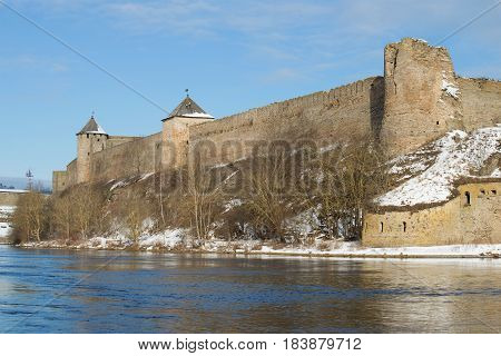 Towers and walls of the ancient Ivangorod fortress above the border river Narva. Leningrad region, Russia