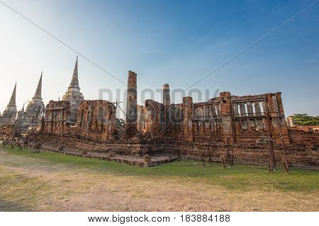 Asian religion architecture. Ancient Buddhist pagoda ruins Thailand travel landscape and destinations