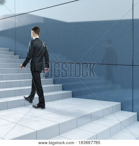 Side view of young businessman climbing concrete stairs. Success concept. 3D Rendering