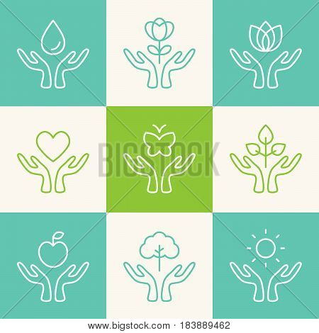 Vector Set of Outline Signs or Logos. Caring Hands with Ecology, Charity, Freedom, Health and Wellness Theme.
