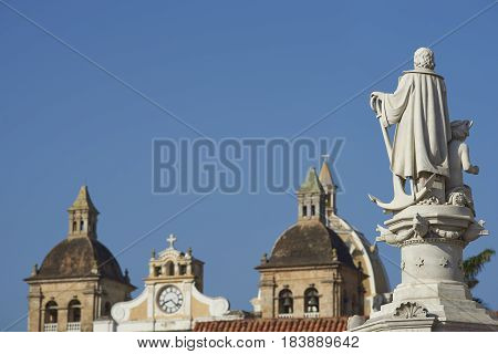 White marble statue of Christopher Columbus in the Plaza De La Aduana in the historic Spanish colonial city of Cartagena de Indias, Colombia