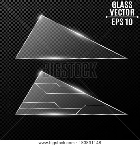 Modern transparent triangular glass. New computer high-tech technology in design. Cyber pattern from the chain. Motherboard. Contacts on the glass. Beautiful shine. Vector illustration. EPS 10