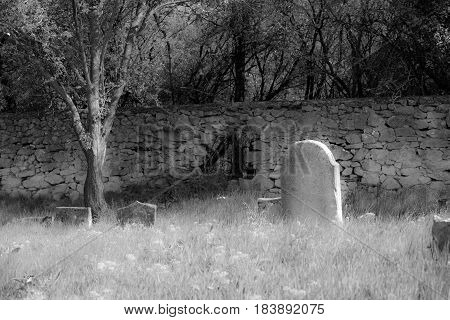 Old cemetery black and white, damaged gravestone