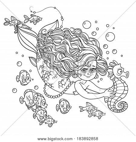Beautiful Little Mermaid Girl Swimming With Sea Horse In The Han