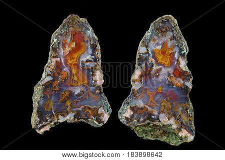 A cross section of the agate stone. Multicolored silica bands colored with metal oxides are visible. Origin: Asni Atlas Mountains Morocco.