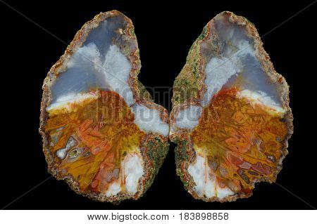 A cross section of the agate stone. Multicolored silica bands colored with metal oxides are visible. Origin: Asni Atlas Mountains Morocco.