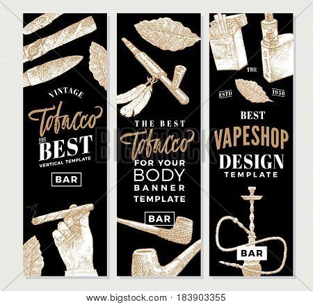 Vintage tobacco vertical banners with hand drawn smoking accessories and products vector illustration