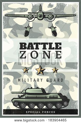 Vintage colored military poster with heavy bomber dropped bombs and battle tank on camouflage background vector illustration