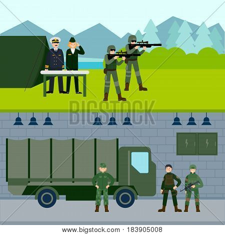 Army force horizontal banners with snipers field headquarters and soldiers on military base vector illustration