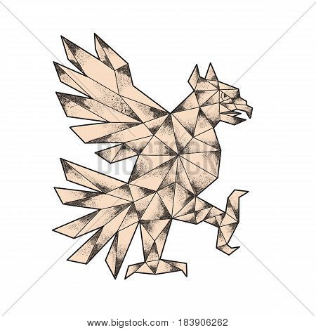 Tattoo style illustration of a glifo from the azteca's culture of a Cuauhtli showing an eagle in a fighting stance viewed from the side set on isolated white background.