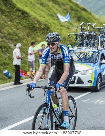Col de PeyresourdeFrance- July 23 2014: The Australian cyclist Zakkari Dempster (Team NetApp-Endura) climbing the road to Col de Peyresourde in Pyrenees Mountains during the stage 17 of Le Tour de France on 23 July 2014.