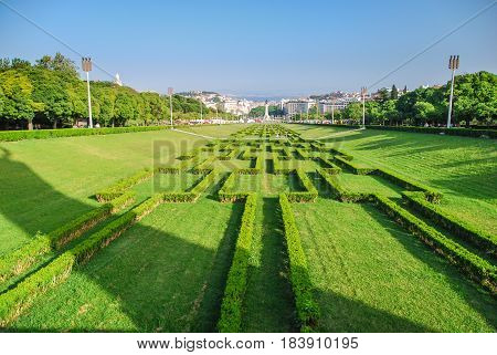 Hedge maze park forming a long perspective to Marquis of Pombal square in Lisbon, Portugal