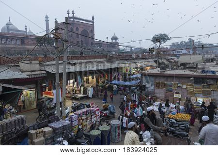 DELHI INDIA - DEC 13 : unidentified people in marketplace near jama masjid in old delhi. jama masjid is biggest masjid of delhi on december 13 2014 india