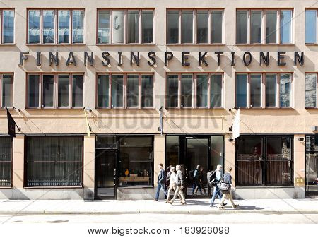 Stockholm Sweden - April 19 2014: The building and entrance to the office of the Sweden's financial supervisory authority (finansinspektionen) located at the street Norrlandsgatan.