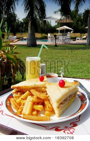 clubsandwich 야자수와 수영장 호텔 정원에서 튀김