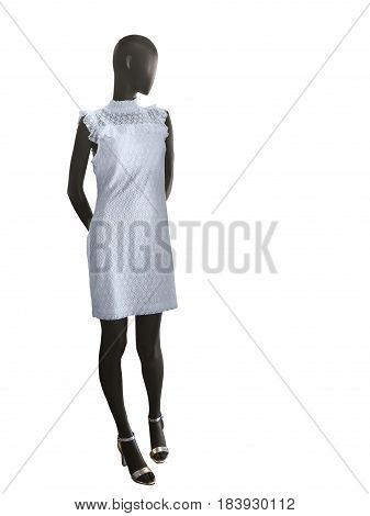 Full-length female mannequin dressed in white lacy dress isolated on white background. No brand names or copyright objects.