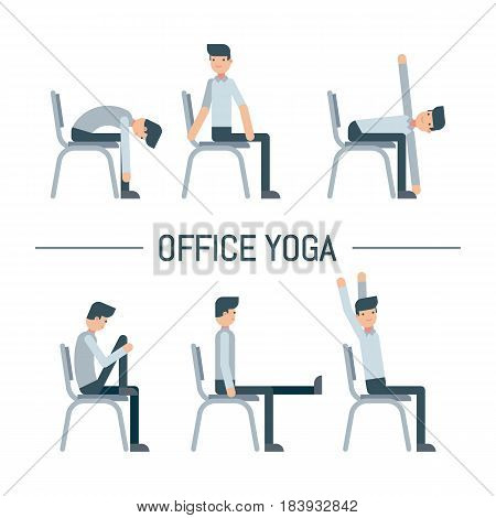 Vector office chair yoga pose set in flat style isolated on white background